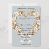 ブルークリームホワイトフローラハート結婚リース 招待状 (正面)