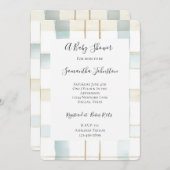 ブルークリームホワイトプレイドストライプベビーシャワー 招待状 (正面/裏面)