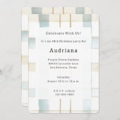 ブルークリームホワイトプレイドストライプ誕生日 招待状 (正面/裏面)