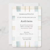 ブルークリームホワイトプレイドストライプ誕生日 招待状 (正面)
