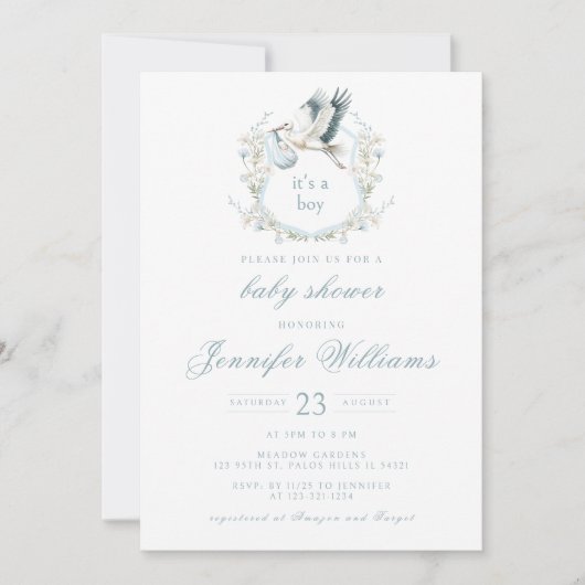ブルークレストエレガントストーク男の赤ちゃんシャワー 招待状 (正面)