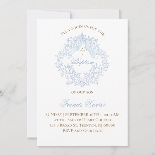 ブルークレスト男の赤ちゃんバプテスマ 招待状 (正面)
