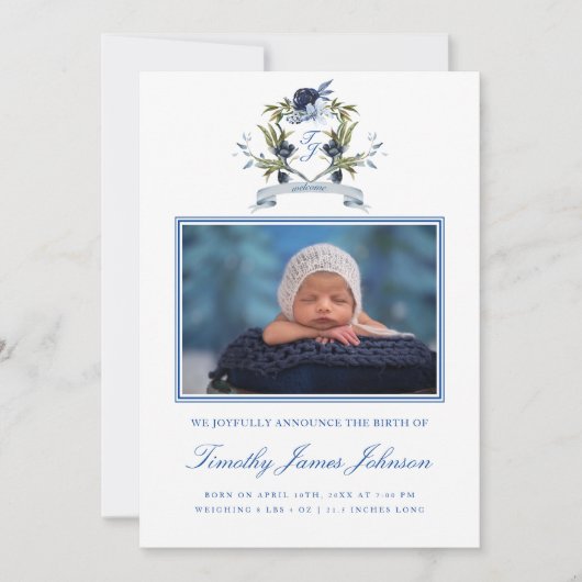 ブルークレスト男の赤ちゃん写真誕生の告知カード 案内状 (正面)