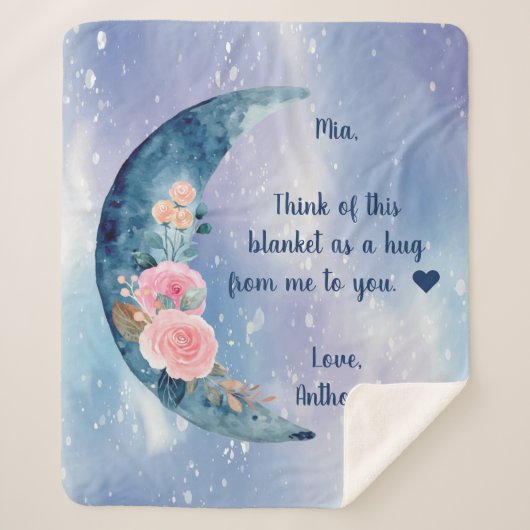 ブルークレセントムーンカスタムメッセージ シェルパブランケット (正面)