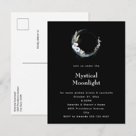 ブルークレセントムーンホワイトフラワーズハローウィンパーティ インビテーションポストカード