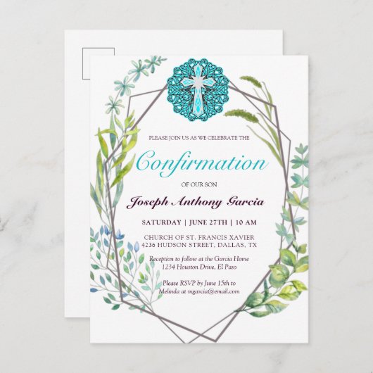 ブルークロスエレガントボタニカルフローラ確認 インビテーションポストカード (正面/裏面)