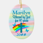 ブルークロスカスタム誕生日と90歳付きオーナメント セラミックオーナメント (裏面)