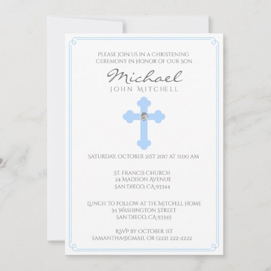 ブルークロスバプテスマ《キリスト教》洗礼式や命名式式男の赤ちゃん 招待状 (正面)
