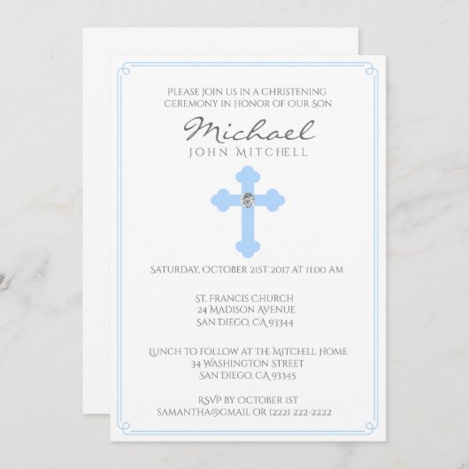 ブルークロスバプテスマ《キリスト教》洗礼式や命名式式男の赤ちゃん 招待状 (正面/裏面)