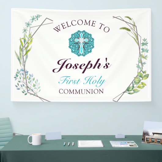 ブルークロスフローラファーストホーリーコミュニオンウェルカム 横断幕 (トレードショー)