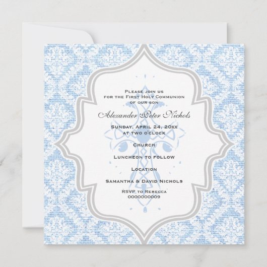 ブルークロスホワイトダマスクバーラップ第1聖餐式 招待状 (正面)