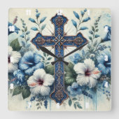 ブルークロスホワイトハイビスカス スクエア壁時計 (正面)