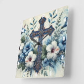 ブルークロスホワイトハイビスカス スクエア壁時計 (傾斜)