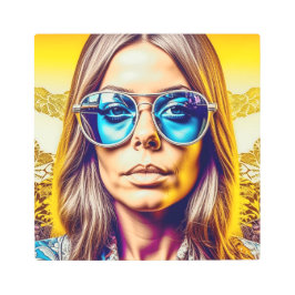 ブルークールサングラスの女性 メタルプリント