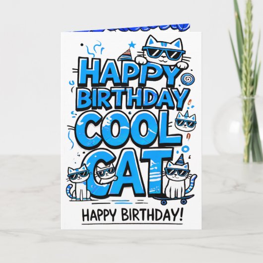 ブルークールシェード誕生日カード付き猫 カード (正面)
