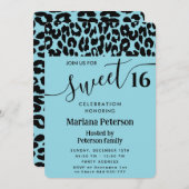 ブルークールトレンディー魅力的なヒョウ甘い16 招待状 (正面/裏面)