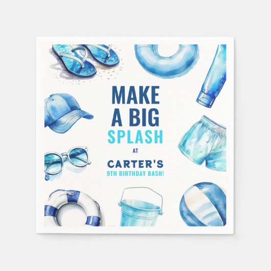 ブルークールプールパーティーサマーボーイズ誕生日 スタンダードカクテルナプキン (正面)