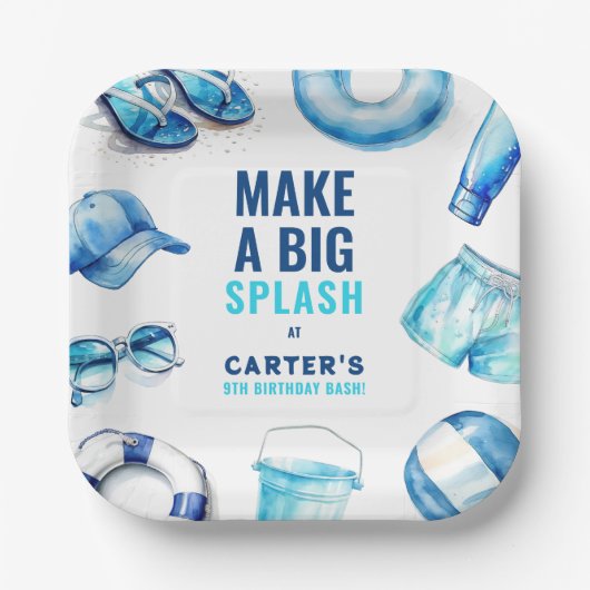 ブルークールプールパーティーサマーボーイズ誕生日 ペーパープレート (正面)
