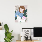 ブルーグかわいらしリーンガーリーフローライラストレーション ポスター (ホームオフィス)