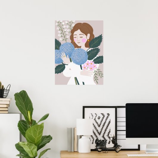 ブルーグかわいらしリーンガーリーフローライラストレーション ポスター (ホームオフィス)