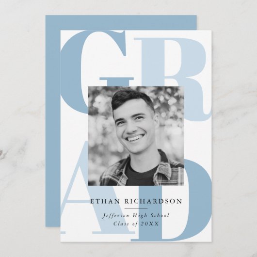 ブルーグはっきりしたラード写真卒業パーティー 招待状 (正面/裏面)