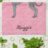 ブルーグイタリアンレイハウンド可愛い犬オンピンクハート キッチンタオル (折り畳み)