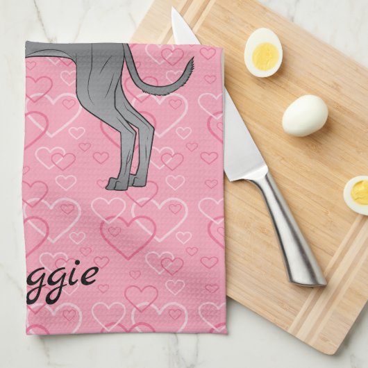 ブルーグイタリアンレイハウンド可愛い犬オンピンクハート キッチンタオル (四つ折り)