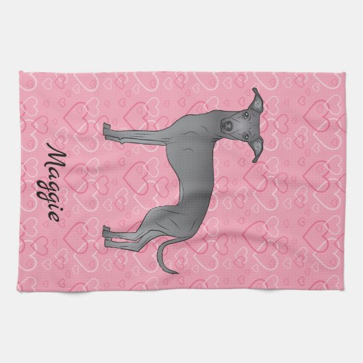 ブルーグイタリアンレイハウンド可愛い犬オンピンクハート キッチンタオル (横)