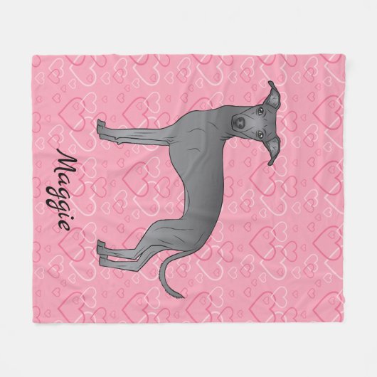 ブルーグイタリアンレイハウンド可愛い犬オンピンクハート フリースブランケット (正面(横))