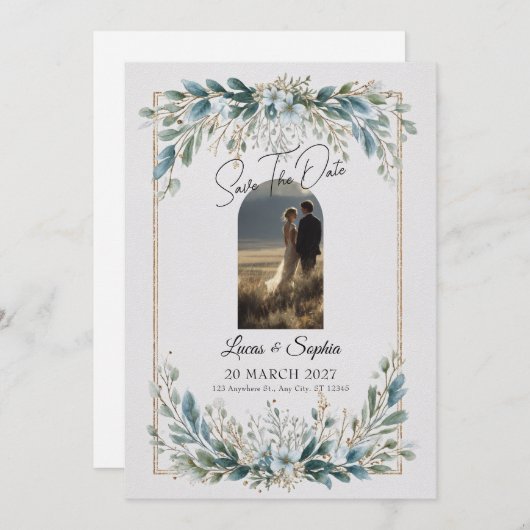 ブルーグエレガントリーナリー日付の保存招待状 セーブザデート (正面/裏面)