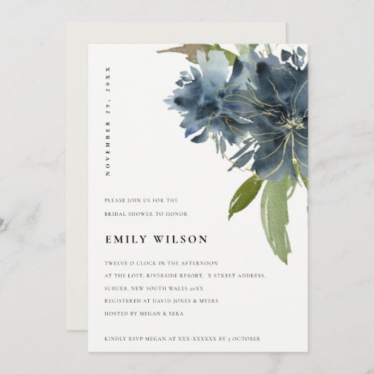 ブルーグエレガントリーン金ゴールドフローラブライダルシャワー招待状 サンキューカード (正面/裏面)