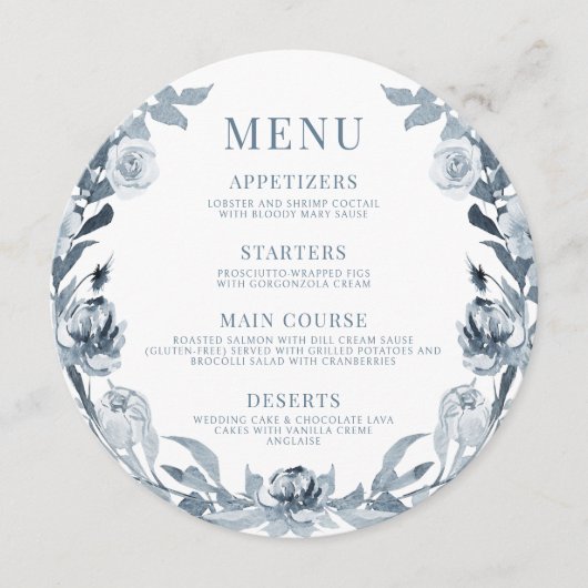 ブルーグエレガントレイフローラの結婚ラウンドフラットメニュー メニュー (正面)