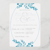 ブルーグエレガントレーフォトシルバーフローラ結婚ズ 箔招待状 (正面)