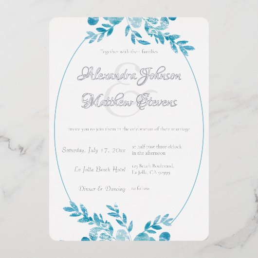 ブルーグエレガントレーフォトシルバーフローラ結婚ズ 箔招待状 (正面)