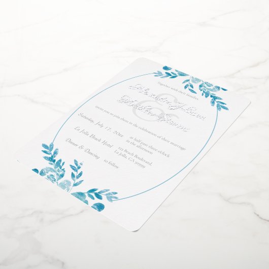 ブルーグエレガントレーフォトシルバーフローラ結婚ズ 箔招待状 (回転した状態)