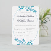 ブルーグエレガントレーフォトシルバーフローラ結婚ズ 箔招待状 (立ち正面)