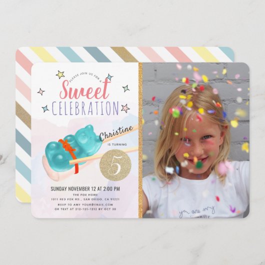 ブルーグミベアお菓子すしガールフォト誕生日 招待状 (正面/裏面)