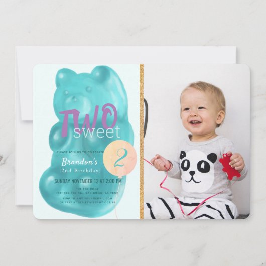 ブルーグミベア2つの甘い写真2nd誕生日 招待状 (正面)