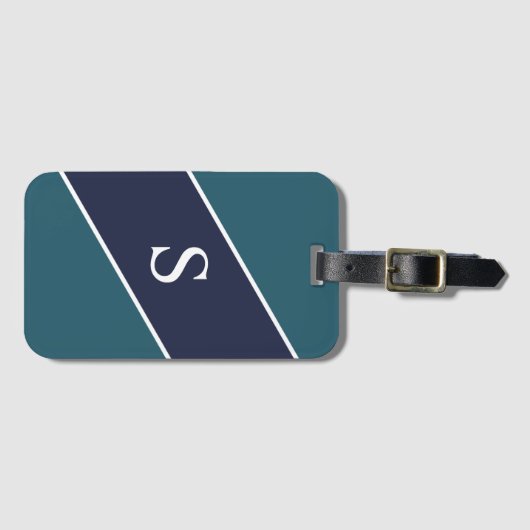 ブルーグモノグラムのリーンとネイビーの幾何学的ストライプ ラゲッジタグ (正面横)