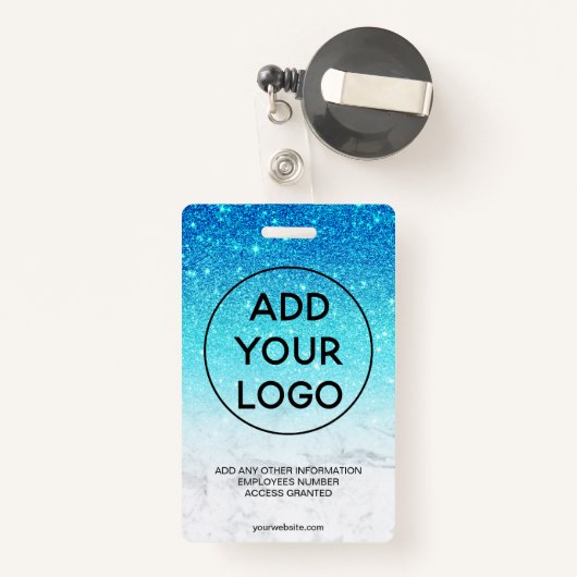 ブルーグラデーショングリッター大理石ロゴ従業員の写真 バッジ (裏面リトラクタブル付き)