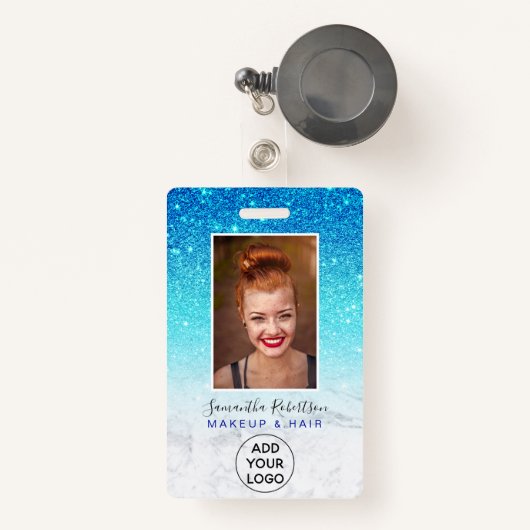 ブルーグラデーショングリッター大理石ロゴ従業員の写真 バッジ (正面リトラクタブル付き)