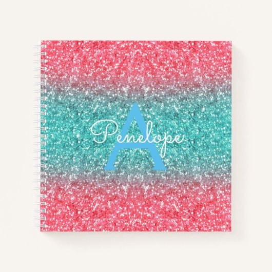 ブルーグラデーショングリッター&モノグラムスケッチブック ノートブック (正面)