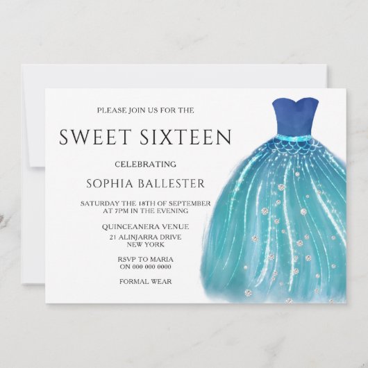 ブルーグラデーションマーメイドドレス15thスイート16パーティー 招待状 (裏面)