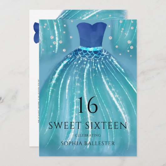 ブルーグラデーションマーメイドドレス15thスイート16パーティー 招待状 (正面/裏面)