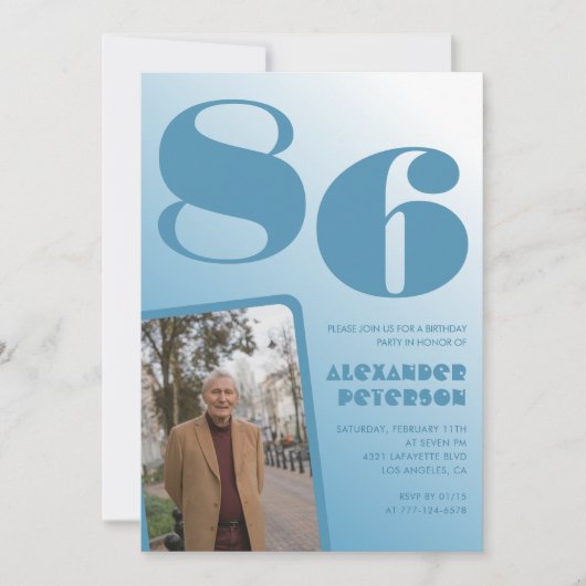 ブルーグラデーション写真 86歳の誕生日 招待状 (正面)