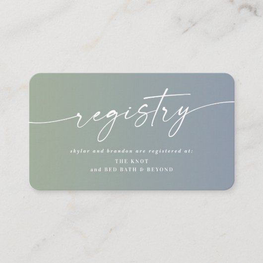 ブルーグラデーション&グリーンウェディングシャワーギフトレジストリ エンクロージャーカード (正面)