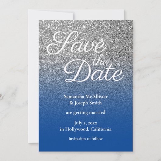 ブルーグラデーション+シルバー・ギラギラの「Save the Date」 招待状 (正面)