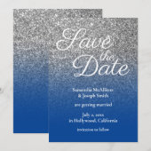 ブルーグラデーション+シルバー・ギラギラの「Save the Date」 招待状 (正面/裏面)