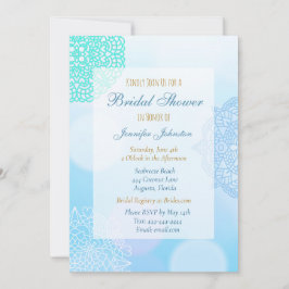 ブルーグラデーション、ティール（緑がかった色）、ホワイトマンダラブライダルシャワー 招待状
