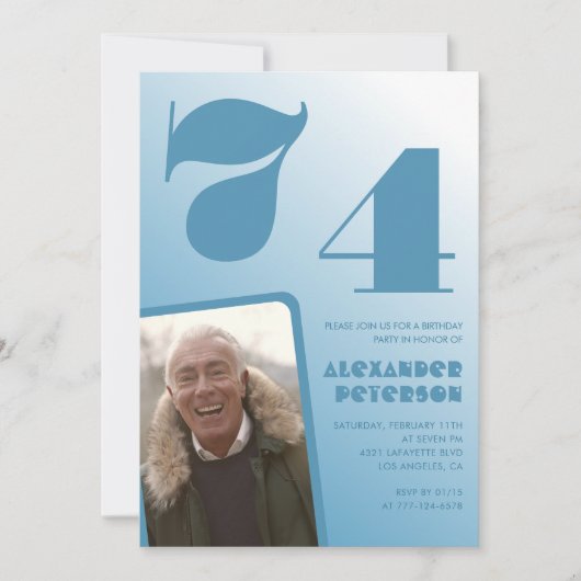 ブルーグラデーション 74歳の誕生日招待状 男性 写真 招待状 (正面)